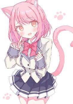 1girl :d absurdres animal_ears blush bow braid breasts cat_ears cat_tail highres hirame_(hi03ra) hoshizaki_akari jacket long_sleeves looking_at_viewer ongeki open_mouth pink_hair pleated_skirt shirt skirt sleeves_past_wrists smile solo striped_background tail white_background white_jacket white_shirt