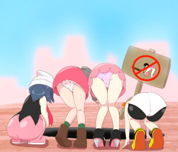 4girls ass ass_focus bare_shoulders beanie bent_over bike_shorts bike_shorts_under_shorts blue_hair boots brown_footwear brown_hair cameltoe cloud dawn_(pokemon) day female_focus from_behind full_body gloria_(pokemon) hair_ribbon hat highres hole leaning leaning_forward loli long_hair marnie_(pokemon) may_(pokemon) microsd_(pibo) miniskirt multiple_girls nintendo no_symbol outdoors panties pantyshot pink_footwear pink_panties pink_skirt pitfall placard pokemon pokemon_dppt pokemon_oras pokemon_swsh polka_dot polka_dot_panties purple_panties ribbon shiny_clothes shiny_skin short_hair_with_long_locks short_shorts shorts sign skirt sky squatting underwear white_shorts