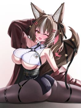 Rule 34 | 1girl, absurdres, animal ear fluff, animal ears, ass, black ribbon, black skirt, breasts, brown eyes, brown hair, chisaka airi, collared shirt, colored inner hair, commentary, cropped shirt, english commentary, fang, hair ornament, hair ribbon, hairpin, highres, id card, kogekoge1207, large breasts, multicolored hair, one eye closed, open mouth, pantyhose, phase connect, pink hair, ribbon, second-party source, shirt, skin fang, skirt, solo, tail, tail ornament, tail ribbon, two-tone hair, virtual youtuber, white hair, wolf ears, wolf girl, wolf tail