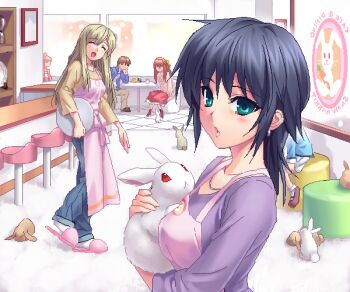 00s 1boy 3girls :o ^_^ apron aqua_eyes black_hair blonde_hair blue_hair rabbit cafe closed_eyes earrings closed_eyes green_eyes jewelry kanon kawasumi_mai kurata_sayuri long_hair multiple_girls nagamori_mizuka necklace aged_up one_-_kagayaku_kisetsu_e open_mouth orihara_kouhei restaurant short_hair silver slippers smile tray waitress zen