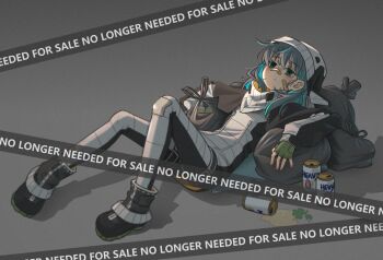1girl aqua_hair bandaid bandaid_on_cheek bandaid_on_face bandaid_on_nose beer_can black_hat black_hoodie black_pants boots can drink_can expressionless hat hood hoodie humanization lying mecha_musume myvia_mokols on_back original pants patch personification solo spacex starship-chan trash trash_bag two-tone_hat two-tone_hoodie two-tone_pants white_hat white_hoodie white_pants