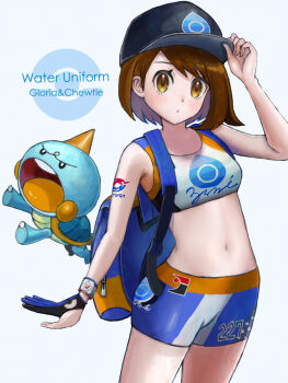 1girl adjusting_clothes adjusting_headwear arm_up backpack bag bare_shoulders black_gloves black_headwear blue_bag blue_gloves blush bob_cut brown_eyes brown_hair character_name chewtle crop_top duplicate dynamax_band gen_8_pokemon gloria_(pokemon) gloves gym_uniform hand_up hat light_blush midriff navel nintendo numbered orange_bag pixel-perfect_duplicate poke_ball_symbol pokemon pokemon_(creature) pokemon_swsh setta_shu short_hair short_shorts shorts simple_background single_glove swept_bangs two-tone_bag two-tone_gloves white_background