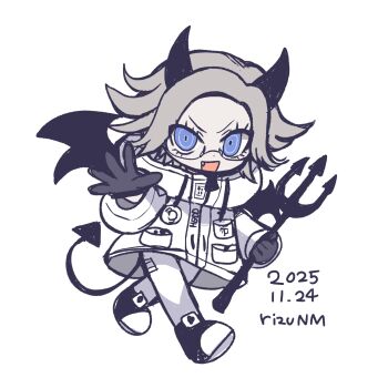 1boy :d aotsuki_eito artist_name black_gloves breast_pocket chibi chibi_only dated demon demon_horns demon_tail demon_wings eyelashes fang glasses gloves grey_hair highres holding holding_pitchfork horns jacket looking_at_viewer male_focus open_mouth outstretched_arm outstretched_hand pants pitchfork pocket purple_eyes ringed_eyes rizu_(rizunm) short_hair smile solo tail the_hundred_line_-last_defense_academy- walking white_background white_jacket white_pants wings