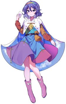 1girl ability_card_(touhou) artist_request boots cape card closed_mouth commentary commentary_request commission dress english_commentary full_body hair_between_eyes hairband highres holding holding_card long_sleeves looking_at_viewer mixed-language_commentary multicolored_dress multicolored_hairband patchwork_clothes pink_boots psd_available purple_eyes purple_hair rainbow_gradient rainbow_hairband second-party_source sky_print smile solo tachi-e tenkyuu_chimata touhou transparent_background white_cape