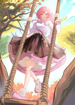1girl alternate_costume blue_sky breasts brown_skirt commentary cyrene_(honkai:_star_rail) cyrene_(ripples_of_past_reverie)_(honkai:_star_rail) honkai:_star_rail honkai_(series) large_breasts long_braid long_hair looking_at_viewer on_swing pink_hair purple_eyes shirt skirt sky smile socks solo swing tree very_long_hair white_shirt white_socks yunyame