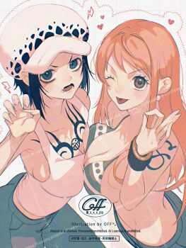 2025 2girls animal_print bangle bare_shoulders bear_print bikini bikini_top_only black_hair blue_eyes blue_pants bracelet breast_press breasts brown_eyes chest_tattoo claw_pose cleavage collarbone commentary_request cowboy_shot denim earrings genderswap genderswap_(mtf) green_bikini hat heart jeans jewelry large_breasts long_hair looking_at_viewer multiple_girls nami_(one_piece) nami_(one_piece)_(return_to_sabaody) ok_sign one_eye_closed one_piece open_mouth orange_hair panda_print pants pearl_earrings print_hat short_hair shoulder_tattoo sidelocks stomach striped_bikini striped_clothes swimsuit tank_top tattoo tongue tongue_out trafalgar_law trafalgar_law_(female) twitter_username wavy_hair white_hat white_tank_top yum_xoxo_yum