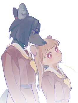 2girls animal_ears black_bow black_hair blunt_bangs blunt_ends bob_cut bow brown_dress brown_hair center-flap_bangs closed_mouth commentary_request dress fox_ears fox_girl furrification furry furry_female green_eyes hair_bow hamster_ears hamster_girl hasu_no_sora_school_uniform highres kachimachi_kosuzu link!_like!_love_live! long_hair long_sleeves looking_at_another love_live! momose_ginko multiple_girls neckerchief pipi_(m1x_mix) profile red_eyes sailor_collar sailor_dress school_uniform short_hair side_ahoge sidelocks simple_background virtual_youtuber white_background white_sailor_collar winter_uniform yellow_neckerchief