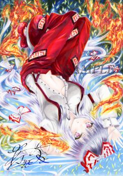 1girl ajimor bow breasts collared_shirt commentary_request fire fujiwara_no_mokou grey_hair hair_bow highres long_hair long_sleeves looking_at_viewer multiple_hair_bows navel ofuda ofuda_on_clothes pants partially_unbuttoned pink_eyes pyrokinesis red_pants red_shoes sample_watermark shirt shoes signature solo suspenders touhou traditional_media underboob upside-down very_long_hair watermark white_shirt