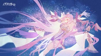 1girl absurdres aerial_fireworks armpits blue_sky breasts chinese_commentary commentary_request corset elysia_(herrscher_of_human:_ego)_(honkai_impact) elysia_(honkai_impact) fireworks gloves highres honkai_(series) honkai_impact_3rd large_breasts long_hair middot207 outdoors pink_hair second-party_source sky smile solo veil very_long_hair white_corset white_gloves white_veil