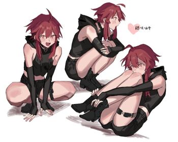 1girl ahoge bare_shoulders black_boots black_choker black_gloves black_hoodie black_shorts blush boots character_request choker copyright_request dated drawstring elbow_gloves eyelashes fang fingerless_gloves freng gloves hands_on_ground heart heart_choker hood hood_down hoodie midriff multiple_views open_mouth red_eyes red_hair short_hair short_hair_with_long_locks shorts sidelocks simple_background skin_fang sleeveless sleeveless_hoodie smile squatting white_background