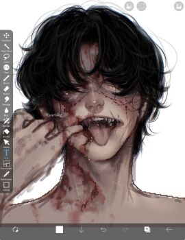 1girl :p art_program_in_frame black_eyes black_hair blood blood_on_face blood_splatter body_horror commentary crying crying_with_eyes_open curtained_hair extra_teeth finger_in_own_mouth glasgow_smile head_tilt highres looking_at_viewer original portrait sacrilaig scar scar_on_face screencap self-harm sharp_teeth short_hair snot snot_trail solo symbol-only_commentary tears teeth tongue tongue_out topless_male