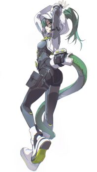 1girl 5e3d45880000000001002473 absurdres arknights arknights:_endfield ass bodysuit boots breasts commentary_request fluorite_(arknights) green_eyes green_hair grey_bodysuit highres holster hood hoodie looking_at_viewer looking_to_the_side medium_breasts ponytail simple_background solo thigh_holster white_background white_boots white_hoodie