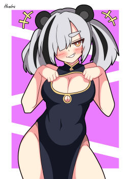 1girl absurdres animal_ears arknights black_hair breasts china_dress chinese_clothes cleavage cleavage_cutout clothing_cutout dress feater_(arknights) grin hair_over_one_eye hendra highres large_breasts multicolored_hair smile solo streaked_hair