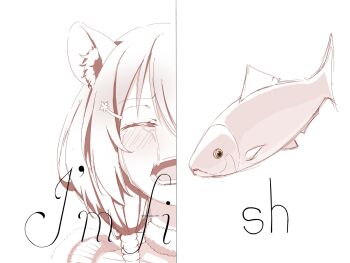 1girl animal_ear_fluff animal_ears ayunda_risu closed_eyes collarbone commentary crying english_commentary fish fur_choker highres hololive hololive_indonesia i'm_fine_(meme) meme monochrome open_mouth senkae_/reikyuu split_screen squirrel_ears virtual_youtuber white_background