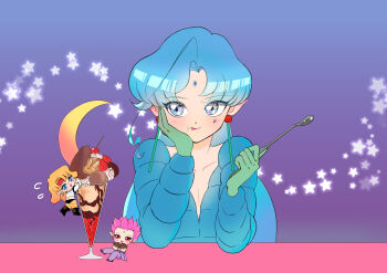 Rule 34 | 3boys, absurdres, bishoujo senshi sailor moon, blonde hair, blue eyes, blue hair, blue jacket, cherry, chibi, collarbone, commentary request, curtained hair, earrings, eating, facial mark, fish eye (sailor moon), flying sweatdrops, food, food on face, forehead jewel, fruit, gloves, green gloves, hand on own cheek, hand on own face, hawk eye (sailor moon), head rest, highres, holding, holding spoon, ice cream spoon, jacket, jewelry, kimura (pixiv 104139618), licking lips, long sleeves, looking to the side, male focus, multiple boys, parfait, parted bangs, pink hair, plunging neckline, pointy ears, pov across table, purple background, solo focus, sphere earrings, spoon, star (symbol), star symbol background, straight-on, tiger eye (sailor moon), tongue, tongue out, trap, upper body