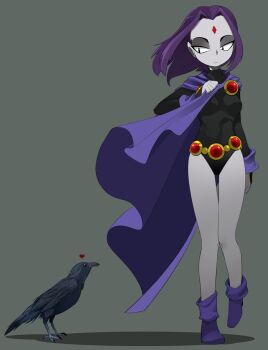 1girl 2024 bird black_leotard bleedman breasts cape colored_skin commentary crow dc_comics facial_mark forehead_mark grey_skin half-closed_eyes heart highres leotard medium_breasts medium_hair purple_cape purple_footwear purple_skin raven_(dc) solo teen_titans