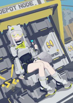 Rule 34 | 1girl, absurdres, arknights, arknights: endfield, bandaid, bandaid on cheek, bandaid on face, bespectacled, black bodysuit, blue eyes, bodysuit, commentary, day, estella (arknights), fingerless gloves, glasses, gloves, grey hair, grey socks, hair between eyes, hat, hat with ears, heart, highres, looking at viewer, outdoors, papaia (quentingqoo), sandals, shoes, shrug (clothing), sitting, socks, solo, tail, thumbs up