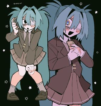 1girl black_background black_eyes black_mouth blazer blue_eyes blue_hair blush cellphone collared_shirt commentary_request eyepatch full_body gyogyokiti hair_intakes hand_on_own_knee hatsune_miku heart heart-shaped_pupils highres holding holding_phone jacket leaning_forward loafers long_hair long_sleeves looking_at_viewer looking_to_the_side medical_eyepatch monitoring_(vocaloid) multicolored_eyes multiple_views necktie open_clothes open_jacket open_mouth phone pleated_skirt ringed_eyes school_uniform shirt shoes skirt smartphone socks star_(symbol) star_symbol_background symbol-shaped_pupils tie_clip twintails very_long_hair vocaloid yellow_eyes