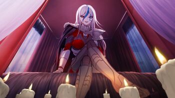 1girl absurdres armor bed black_bodysuit black_cape black_gloves blue_streaks bodysuit candle canopy_bed cape crossed_legs facial_mark game_cg gloves grin heterochromia highres komatsuzaki_rui long_hair multicolored_bodysuit multicolored_hair non-web_source official_art on_bed purple_eyes red_bodysuit red_eyes shoulder_armor sitting smile solo spoilers streaked_hair the_hundred_line_-last_defense_academy- two-tone_bodysuit v&#039;ehxness white_hair