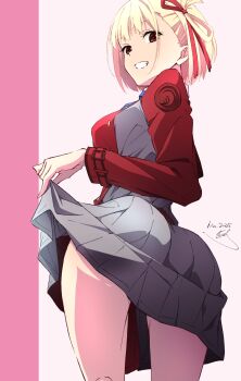 1girl ass blonde_hair breasts clothes_lift commentary dress dress_lift from_behind good_ass_day grey_dress highres looking_at_viewer lycoris_recoil lycoris_uniform medium_breasts nii_manabu nishikigi_chisato red_dress red_eyes short_hair smile solo symbol-only_commentary thighs two-tone_background two-tone_dress