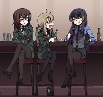 3girls ahoge aviator_sunglasses bar_(place) black_gloves black_necktie black_pantyhose black_skirt blonde_hair blue_eyes blue_hair blue_shirt blush bottle breasts brown_hair brown_pantyhose commentary commission cup drinking_glass english_commentary eyewear_on_head fang glasses gloves green_jacket green_skirt grey_vest heterochromia highres holding holding_bottle holding_cup indoors jacket karepack large_breasts long_hair looking_at_another low_ponytail medium_breasts multicolored_hair multiple_girls necktie on_stool open_mouth original pantyhose ponytail red_hair republic_of_korea_army scar scar_on_face shirt shoe_dangle shoe_loss shoes shot_glass sidelocks single_shoe sitting skirt smile streaked_hair striped_clothes striped_vest sunglasses sweatdrop toes vest waistcoat watch white_shirt wristwatch yellow_eyes yi_jina