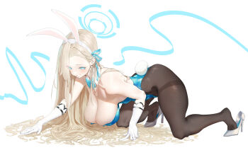1girl absurdres all_fours animal_ear_hairband animal_ears asuna_(blue_archive) asuna_(bunny)_(blue_archive) bare_shoulders black_pantyhose blonde_hair blue_archive blue_bow blue_bowtie blue_eyes blue_halo blue_leotard blue_ribbon blush bow bowtie breasts cleavage collarbone detached_collar elbow_gloves fake_animal_ears fake_tail full_body gloves grin hair_over_one_eye hair_ribbon hairband halo hanging_breasts high_heels highleg highleg_leotard highres kneeling large_breasts leotard long_hair looking_at_viewer mole mole_on_breast official_alternate_costume pantyhose phoebe_(user_vvpf4584) playboy_bunny rabbit_ear_hairband rabbit_ears rabbit_tail ribbon shoes simple_background smile solo strapless strapless_leotard tail thighband_pantyhose thighs traditional_bowtie very_long_hair white_background white_gloves white_shoes