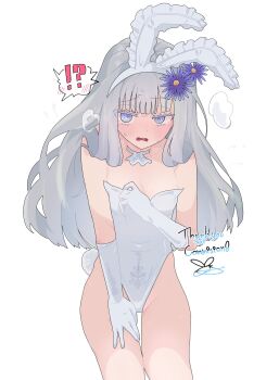 Rule 34 | !?, 1girl, @ @, animal ears, blush, bow, bowtie, breasts, commentary, ema izm, gloves, groin, hair ornament, highleg, highres, long hair, original, rabbit, rabbit ears, small breasts, solo, thighs, white hair