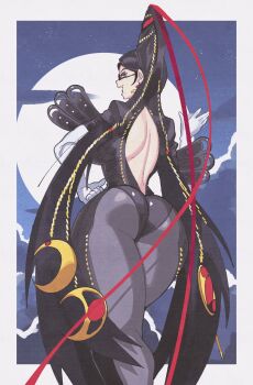 1girl ass back_cutout bayonetta bayonetta_(series) bayonetta_1 black-framed_eyewear black_hair blue_eyes bodysuit clothing_cutout earrings eyeshadow from_behind from_below full_moon glasses gloves half-closed_eyes hand_on_own_hip highres inkerton-kun jewelry lipstick long_hair makeup mole mole_under_mouth moon open_mouth outside_border solo very_long_hair