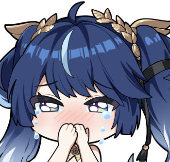 1girl ahoge bare_shoulders blue_eyes blue_hair commentary covering_own_mouth crying crying_with_eyes_open english_commentary gradient_hair iuno_(wuthering_waves) laurel_crown multicolored_hair portrait simple_background solo streaked_hair tears twintails twomoon white_background wuthering_waves