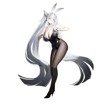 Rule 34 | 1girl, absurdres, animal ears, azur lane, bare shoulders, black leotard, black pantyhose, blue eyes, blunt bangs, bois belleau (azur lane), breasts, covered navel, fake animal ears, full body, high heels, highres, huge breasts, leotard, long hair, long legs, looking at viewer, mole, mole under eye, najiu jiao xiaolan ba, pantyhose, playboy bunny, pointy ears, rabbit ears, simple background, solo, twintails, very long hair, white background, white hair