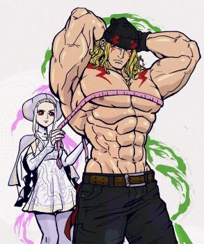 1boy 1girl abs absurdres alex_(street_fighter) arms_behind_head beanie black_pants blonde_hair commentary english_commentary facepaint hat highres ingrid_(capcom) large_pectorals measuring muscular muscular_male nipples pants pantyhose pectorals purple_pantyhose red_eyes rocckart street_fighter street_fighter_6 tall_male tape_measure topless_male white_hair