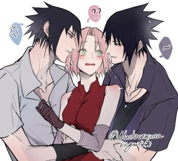 1boy 1girl black_eyes black_hair blush gloves green_eyes grey_shirt haruno_sakura hug jewelry mushroomuaa naruto_(series) naruto_shippuuden pink_hair purple_shirt red_eyes red_shirt sandwiched sharingan shirt short_hair spiked_hair uchiha_sasuke upper_body white_background