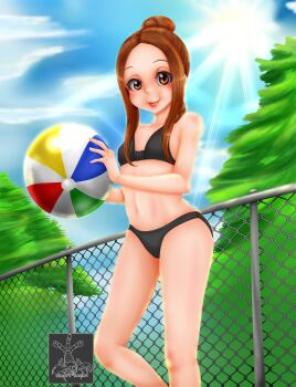 Rule 34 | 1girl, ball, beachball, bikini, black bikini, breasts, brown hair, feet out of frame, highres, karakai jouzu no (moto) takagi-san, karakai jouzu no takagi-san, looking at viewer, mature female, navel, pool, sasori-sanin, self-upload, sky, small breasts, solo, swimsuit, takagi-san, thighs