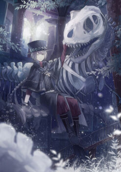 1boy angel31424 blurry braid capelet corss cross depth_of_field dinosaur gloves hat high_collar highres jewelry long_hair male_focus necklace original outdoors single_braid sitting slit_pupils snowing solo top_hat