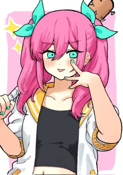 1girl alternate_hairstyle aqua_bow aqua_eyes aqua_nails artistic_error aubrey_(faraway)_(omori) aubrey_(omori) baseball_bat black_shirt border bow breasts closed_mouth collarbone commentary_request corrupted_twitter_file crop_top cropped_shirt fewer_digits hair_bow hair_over_shoulder hand_up hands_up highres holding holding_baseball_bat jacket long_hair looking_at_viewer mimn_(kdjgxrt1xt69701) nail_(hardware) nail_bat nail_polish navel omori open_clothes open_jacket outside_border pink_background pink_hair puffy_short_sleeves puffy_sleeves sailor_collar shirt short-sleeved_jacket short_sleeves simple_background small_breasts solo sparkle tongue tongue_out twintails upper_body v-shaped_eyebrows white_border white_jacket yellow_sailor_collar
