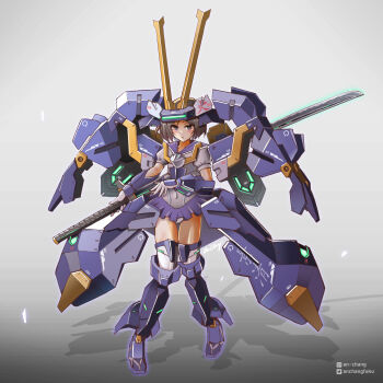 1boy an-chang artist_name brown_eyes brown_hair covered_navel crossdressing crossdressing_(mtf) grey_background highres holding holding_sword holding_weapon katana leotard looking_at_viewer mecha_musume personification pixiv_logo purple_eyes science_fiction short_hair skirt solo sword thighhighs trap twitter_logo twitter_username v-fin virtual_on weapon