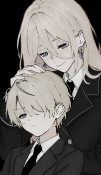 1boy 1girl age_difference black_background blonde_hair child commentary earrings english_commentary hair_over_one_eye hand_on_another's_head height_difference heinrich_(slavcorpz) highres ingrid_(slavcorpz) jewelry long_hair matching_outfits mother_and_child mother_and_son necktie original parent_and_child short_hair simple_background slavcorpz tagme