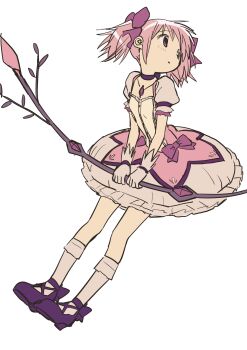 1girl absurdres bow bow_(weapon) collarbone commentary dress dress_bow frilled_dress frills gloves highres holding holding_bow_(weapon) holding_weapon kaname_madoka kaname_madoka_(magical_girl) looking_to_the_side magical_girl mahou_shoujo_madoka_magica mahou_shoujo_madoka_magica_(anime) pink_bow pink_dress pink_hair puffy_short_sleeves puffy_sleeves shoes short_sleeves short_twintails simple_background socks solo soul_gem twintails two-tone_dress uranagi_(uranaginasi) weapon white_background white_dress white_gloves white_socks
