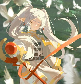 1girl capelet chinese_commentary closed_eyes closed_mouth commentary_request double-parted_bangs dress earrings elf frieren highres holding holding_staff jewelry long_hair mikann_(clm_mikan) pointy_ears smile solo sousou_no_frieren staff thick_eyebrows twintails white_capelet white_dress white_hair