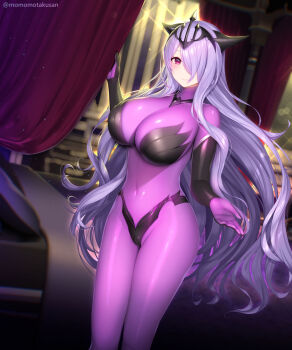 1girl black_gloves bodysuit breasts camilla_(fire_emblem) camilla_(light_of_nohr)_(fire_emblem) camilla_(light_of_nohr)_(resplendent)_(fire_emblem) cleavage crown fire_emblem fire_emblem_fates fire_emblem_heroes full_body gloves hair_over_one_eye highres huge_breasts kashiwamochi_yomogi long_hair nintendo official_alternate_costume pink_eyes purple_bodysuit purple_hair smile solo tiara very_long_hair