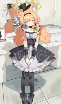 1girl absurdres animal_ear_fluff animal_ears black_headband black_overskirt blue_archive cat_ears choker commentary_request d_(delt4) dress flower fluffy_hair frilled_choker frills full_body grey_dress grey_feathers halo hat hat_flower headband highres idol idol_clothes looking_at_viewer low_twintails mari_(blue_archive) mari_(idol)_(blue_archive) mini_hat mini_top_hat mirror official_alternate_costume orange_hair own_hands_together reflection rose smile solo top_hat twintails white_flower wrist_wrap yellow_flower yellow_halo yellow_rose