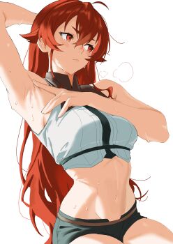 1girl absurdres ahoge arm_up armpits bare_shoulders blush breasts closed_mouth collared_shirt commentary_request crop_top crossed_bangs eris_greyrat groin hair_between_eyes hair_flaps heavy_breathing highres large_breasts linea_alba long_hair looking_to_the_side midriff mushoku_tensei navel presenting_own_armpit red_eyes red_hair rkgktomato shirt short_shorts shorts sidelocks simple_background sitting sleeveless sleeveless_shirt solo sweat thick_eyebrows very_long_hair white_background white_shirt