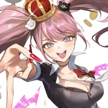 1girl black_jacket blush bow bra bra_peek breasts brown_choker character_hair_ornament choker cleavage coin commentary_request crown danganronpa:_trigger_happy_havoc danganronpa_(series) enoshima_junko fingernails foreshortening glint grey_eyes gyaru gyaru_v hair_ornament highres jacket lace lace-trimmed_bra lace_trim large_breasts long_fingernails long_hair looking_at_viewer loose_necktie monokuma nail_polish necktie open_mouth pink_hair popped_collar red_bow red_nails seto_jiro solo twintails underwear upper_body v white_necktie
