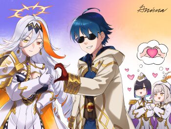 1boy 3girls baldr_(fire_emblem_heroes) commission drill_hair fire_emblem fire_emblem_heroes gold_cape grimaisbestwaifu halo heart heart_hands heterochromia highres hodr_(fire_emblem) kiran_(fire_emblem) ko-fi_commission male_kiran_(fire_emblem) multiple_girls nintendo orange_streaks quad_drills ringlets single_hair_streak sunglasses two-tone_cape vali_(fire_emblem)