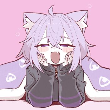 1girl ahoge animal_ear_fluff animal_ears black_hoodie blush cat_ears cat_girl cocomayo29_(tomato) collar commentary fang fingernails food food_print hair_between_eyes half-closed_eyes head_on_hands hololive hood hoodie kotatsu long_sleeves looking_at_viewer lying nekomata_okayu nekomata_okayu_(1st_costume) on_floor on_stomach onigiri onigiri_print open_mouth purple_eyes purple_hair short_hair simple_background solo straight-on table under_kotatsu under_table virtual_youtuber