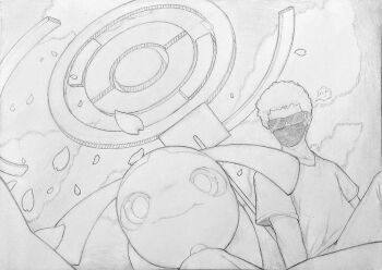 1boy 1girl artist_self-insert closed_mouth cloud covered_mouth day dutch_angle falling_petals flat_chest from_below gen_3_pokemon greyscale looking_at_viewer mask mawaifu mawile monochrome mouth_mask nintendo outdoors petals poke_ball_symbol pokemon pokemon_(creature) pokemon_go pokestop selfie shirt short_hair short_sleeves sitting speech_bubble spoken_expression sunglasses surgical_mask traditional_media