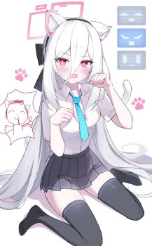 1girl absurdres animal_ears black_bow black_hairband black_skirt black_thighhighs blue_archive blue_necktie blush bow breasts cat_ears cat_tail check_commentary commentary commentary_request doodle_sensei_(blue_archive) dot_nose embarrassed hair_between_eyes hairband halo highres jogabi kei_(blue_archive) kei_(new_body)_(blue_archive) kemonomimi_mode long_hair long_hair_between_eyes looking_at_viewer loose_necktie necktie partially_unbuttoned paw_pose paw_print peanut_mouth pink_eyes pink_halo pleated_skirt rectangular_halo ringed_eyes sensei_(blue_archive) shirt simple_background sitting skirt small_breasts solo tail thighhighs wariza white_background white_hair white_shirt zettai_ryouiki