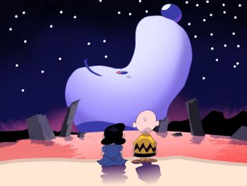 1boy 1girl black_hair charlie_brown crossover dress highres lesorg lucy_van_pelt neon_genesis_evangelion peanuts_(comic) puffy_short_sleeves puffy_sleeves scene_reference shirt short_hair short_sleeves shorts snoopy the_end_of_evangelion yellow_shirt