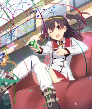 Rule 34 | 1girl, ;d, asakura mihono, blush, boots, brown boots, brown hair, buttons, confetti, couch, dot nose, double-breasted, game cg, gradient hair, holding, holding party popper, indoors, long sleeves, medium hair, midair, minoseki gakuin uniform, multicolored hair, nene (toji no miko), official art, on couch, one eye closed, open mouth, party popper, railing, red eyes, red hair, red sailor collar, red skirt, ribbon, sailor collar, school uniform, shirt, sitting, skirt, smile, solo focus, streamers, striped clothes, striped thighhighs, teeth, thighhighs, third-party source, toji no miko, toji no miko: kizamishi issen no tomoshibi, twintails, upper teeth only, vertical-striped clothes, vertical-striped thighhighs, white shirt, white thighhighs, yellow ribbon