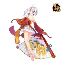 Rule 34 | 1girl, absurdres, ahoge, anklet, bare legs, bare shoulders, barefoot, bow, braid, chinese peony, detached sleeves, feet, floral print, flower, from behind, fu ji, full body, hair ornament, highres, holding, jewelry, logo, long legs, looking at viewer, looking back, mahjong soul, official art, oil-paper umbrella, peony (flower), peony print, red bow, shine cheese, side braid, simple background, soles, solo, tachi-e, tassel, toes, umbrella, white background, white hair, yellow eyes, yellow flower